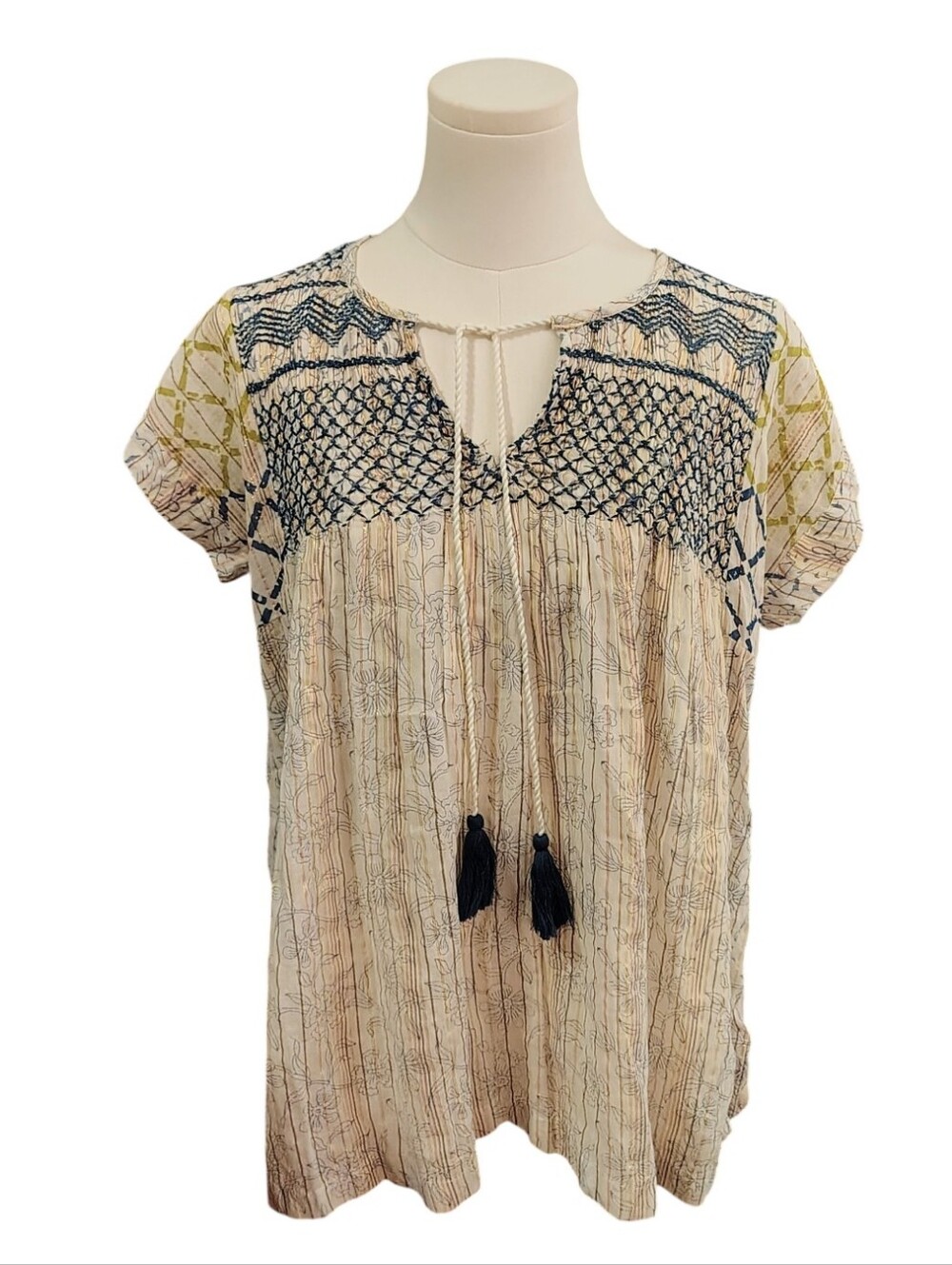 Rachel Roy Gold Shimmer Threaded Cottagecore Bohemian Embroidered Blouse Size M